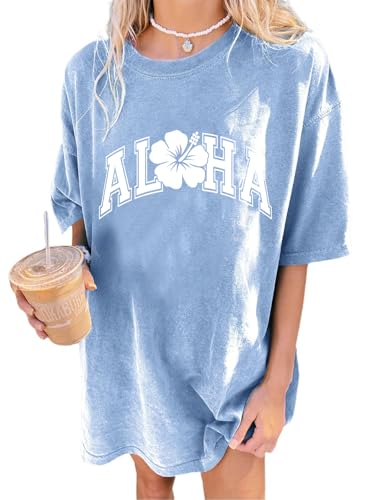 Image of Remidoo Women's Casual Oversized T Shirt Short Sleeve Graphic Tee Flower Baggy Shirts Blue Small