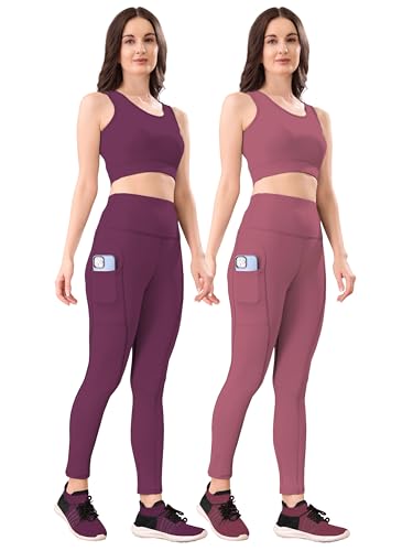 POOJARAN SAREE Women's 2-Piece Workout Set, High-Waist Leggings with Phone Side Pocket, Gym wear Track Suit, Sports Bra, Co-ord Set, Sports Running Suits, Yoga Wear Set, Pack of 2