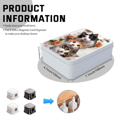 Image of Metal Tin Box with Lid, Cute Cats and Roses | For Game Cards, Home Organizer, Equipped with 4 Magnetic Cord Clips, Candles Keys Crafts Storage