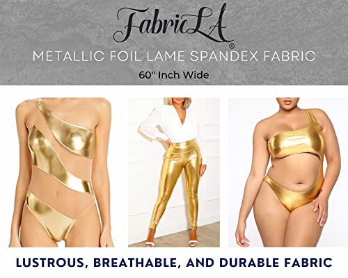 FabricLA | Gold Polyester Fabric | Metallic Foil Lame Spandex Material | 4-Way Stretch Knit Fabric | 60" Inches Wide | Polyester Fabric by The Yard for Dancewear, Costumes & Decoration - 1 Yard
