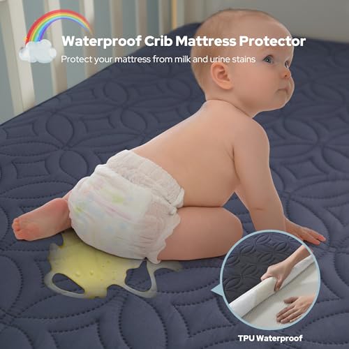 Image of Waterproof Crib Mattress Protector 2 Pack, Soft and Breathable Crib Mattress Pad Cover, Noiseless Machine Washable Toddler Mattress Protector for Standard Baby Toddler Bed (52''x28'',Navy Blue)
