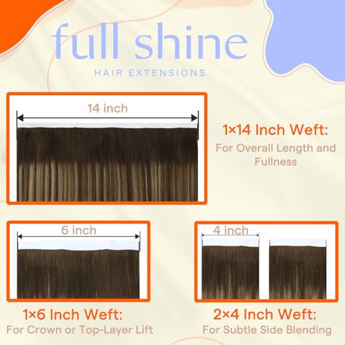 Image of Full Shine Genius Weft Hair Extensions, Medium Brown Honey Blonde 18 Inch | 90g 4 PCS, Invisible Tape in Hair Extensions Human Hair, Hand Tied Weft, Thin Base, Natural Movement, Wedding Hairstyles
