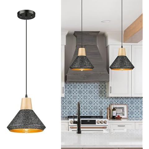 Audickic Pendant Lights Kitchen Island, 9.5" Farmhouse Pendant Lighting with Black Metal and Solid Wood, 1-Light Hanging Light Fixtures for Entryway Dining Room, AD-22298-1P1 Cover