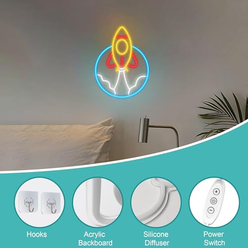Image of CoolGift Mart Rocket Neon Sign, LED Light Room Decor, USB Powered Light Up Space Element Universe Theme Decoration, for Bedroom Living Room Gaming Room Man Cave Home Party Birthday Gift for Teen Boys