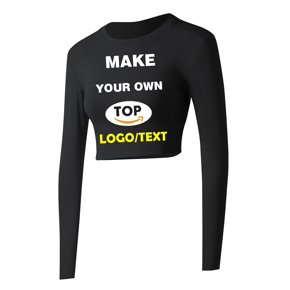 Custom Logo Text Print Women's Crop Tops Yoga Workout Long Sleeve Shirts Black