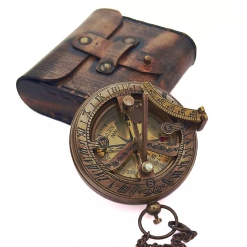 Brass Sundial Compass in Leather Case - Nautical Gifts for Men, Antique Sailing Anniversary Gadget for Him, Unusual Unique Nautical Decor, Naval Maritime Pocket Watch Clock