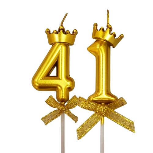 Image of 2 Pc 41 Number Candle for Birthday Cake Metallic Gold Number Candle with Crown on Top for Anniversary Cake Topper 41st Birthday Cake Decoration (Pack of 2, Gold).