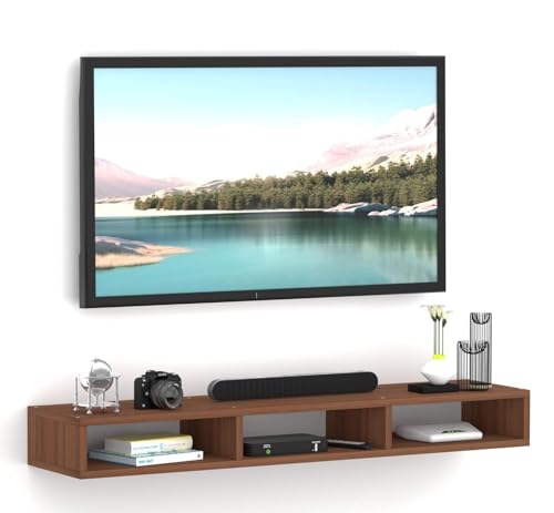Image of Engineered Wood Wall Mount Modern Entertainment Floating TV Unit for 32-55 Inch TVs with Storage Shelf, Set Top Box Stand, Router Shelf & Cable Management (Wenge, 90 cm)