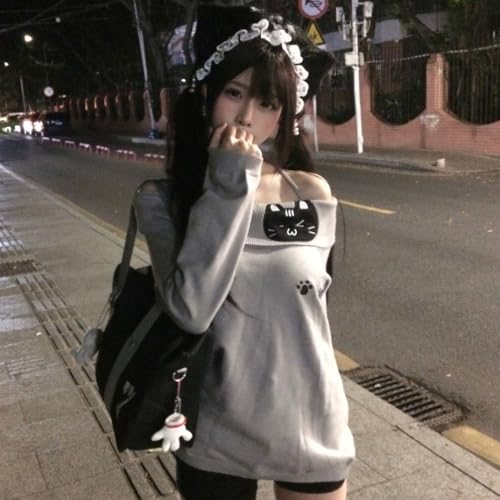 Women Y2K Off Shoulder Strap T-Shirts Cute Graphic Casual Long Sleeves Tops Kawaii Ribbing Trendy Outfits3