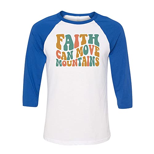 Retro Wavy Faith Can Move Mountains Three-Quarter Raglan Sleeve Baseball Shirt Unisex Medium White/Royal