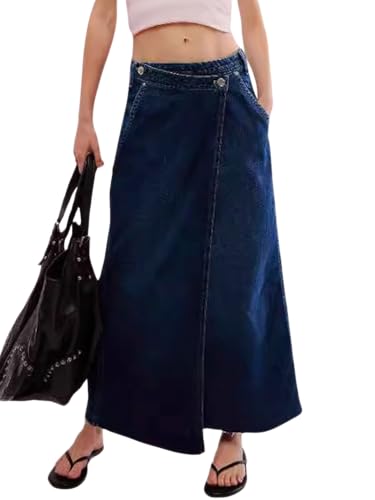 CHARTOU Women's Wrap Denim Midi Skirt A Line Long Jean Skirt Flowy Slit Mid Waist Cargo Skirts with Pockets