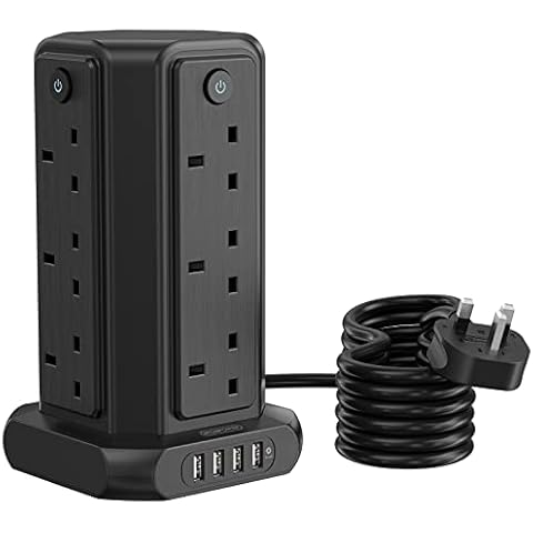 NTONPOWER Extension Lead Tower, Surge Protected Tower Extension Lead, Plug Extension with USB Slots, 3m Extension Cord, 12 Way Power Strip, Electric Socket Extensions with Switches- Black Cover