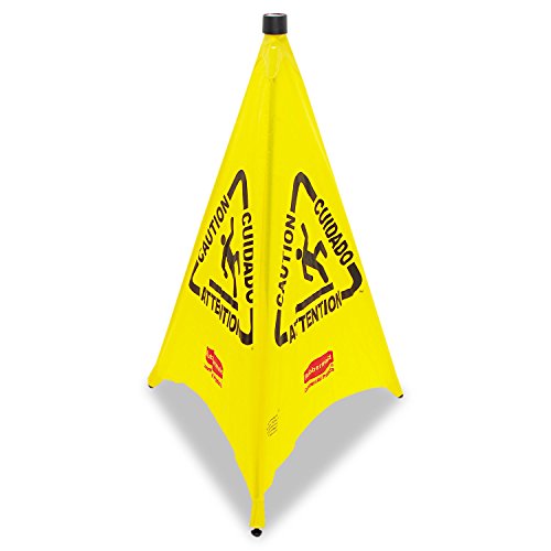 Rubbermaid Commercial Products Portable/Wall-Mount 3-sided Multilingual Wet Floor Pop Up Floor Cone with Storage Tube 30' Yellow Prevent Accidents in Restaurant/Grocery Store/Office