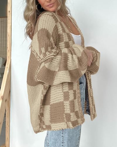 Image of BTFBM Casual Cardigan Sweater for Women Fall 2026 Long Sleeve Open Front Chunky Knit Sweaters Checkered Outwear Coat
