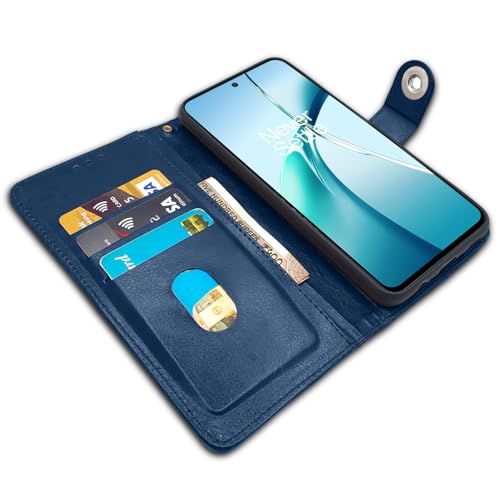 Image of Pikkme Flip Cover Leather Finish | Inside TPU with Card Pockets | Wallet Stand and Shock Proof | Complete Protection Button Flip Case for OnePlus Nord CE 4 Lite 5G (Blue)