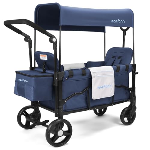 Image of MOMFANN Stroller Wagon for 2 Kids, Baby Wagon Stroller with Adjustable Handle for Infants and Toddlers Includes Canopy & Organizer, Foldable and Convenient for Storage, Blue