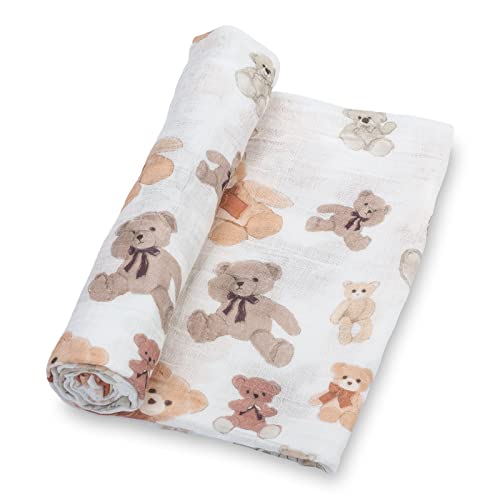 Image of LollyBanks Muslin Swaddle Blankets for Boys and Girls, Large 47 x 47 Inches Soft Swaddles for Newborns, Breathable and Lightweight 100% Cotton Baby Receiving Blankets, Registry (Teddy Bear Theme)