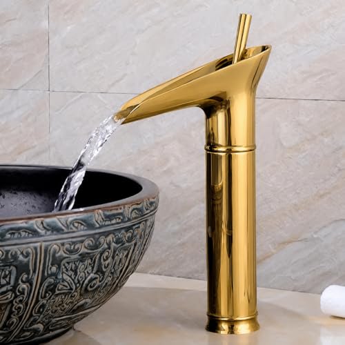 Image of ZAP Antique Lavatory Vanity Basin Mixer Tap Bathroom Faucet with Waterfall Spout Bath Sink Faucets Single Handle One Hole Solid Brass - Brushed Gold