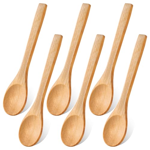 6 cucharas pequeñas de madera con mango largo de 13 cm, mezcla, cucharas de cocina, cucharas de miel, cucharas de madera, cucharas para miel, café, té, accesorios de cocina, sal, azúcar, pimienta