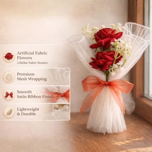 Image of SATYAM KRAFT 1 Pcs Artificial Flower Mesh Rose Bouquet for Him Her Girlfriend Boyfriend Wife Husband | Romantic Decor for Anniversary, Wedding, Birthday, Home Decor (White)