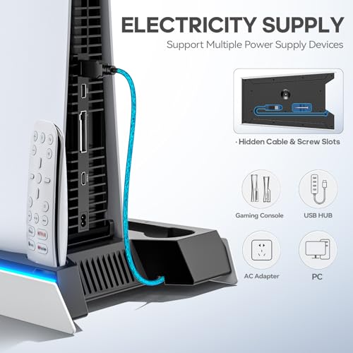 PS5/Slim/Pro Stand for Disc & Digital Console, PS5 Cooling & Charging Station with RGB Lights, PS5 Controller Charger Built-in 3 Level & AUTO Adjustable Fan, PS5/Slim/Pro Accessories Comes 3 USB Ports