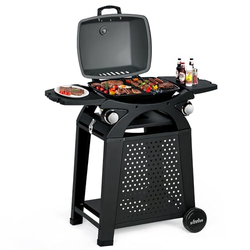 Gas BBQ Portable Outdoor Gas Barbecue Table Top Barbecues BIG HORN OUTDOORS 2 IN 1 Propane Grill with Cart Wheels Side Table for Camping