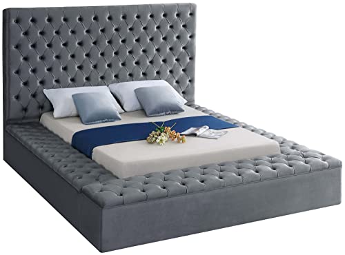 Photo 1 of Grey Meridian Furniture Bliss Collection Modern Contemporary Velvet Upholstered Bed with Deep Button Tufting and Storage Compartments in Rails and Footboard