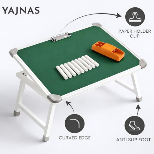 Image of YAJNAS Multipurpose Portable Green Chalkboard Study Laptop Table (15x23 Inch) | Height Adjustable Foldable Lap Desk & Bed Table for Kids, Home, Office, Online Classes & Learning | with Chalk & Duster