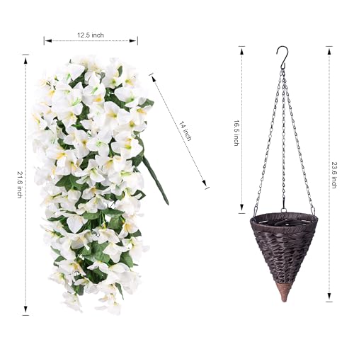 Image of INSPRING Artificial Bougainvillea Faux Flowers Plants Baskets for Outdoor Outside Decoration, 3PCS Fake Silk Flowers Long Trailing Vines UV Resistant Realistic for Front Door Porch Patio (White)
