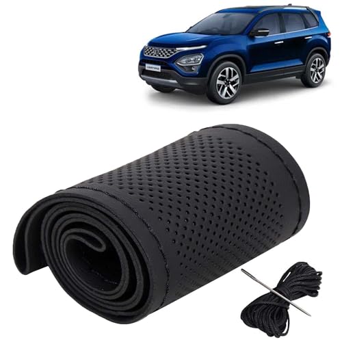 Image of KINGSWAY PU Leatherite Car Steering Cover Sewable Compatible with Tata Safari (Year 2021-2023), Black Color with Black Thread, Pack of 1 with Sewing Needle and Thread