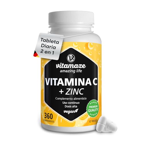 Vitamina C 1000 mg (1 Año), con Zinc y Bioflavonoides, 360 Comprimidos, 1 comprimido al día para el Sistema Inmunológico y Antioxidante, Vitamina C Pura y Vegana de Calidad Alemana. Vitamaze
