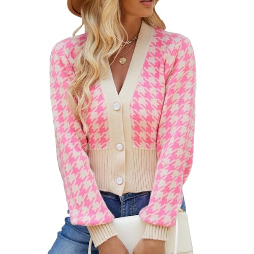 Image of Sexybody Women' s Cropped Cardigan Sweaters Button Down Houndstooth V Neck Long Sleeve Open Front Knit Sweater Jacket Tops