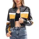 shamofeng Women Faux Leather Jackets, Short Black Yellow Motorcycle Bomber Leather Coats, Cropped Fall Fashion Outfits Winter Clothes