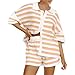 Acrawnni 2-teiliges Häkelstrick-Shorts-Set für Damen, hohl, gestreift, Kontrastfarbe, Knöpfe, Oberteile, Shorts, Strand-Lounge-Sets, A-gelb, 42