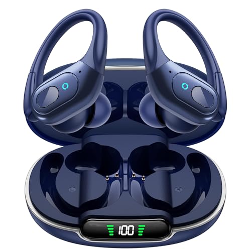 occiam Active Noise Cancelling Earbuds Wireless Bluetooth Headphones Ear Buds 90Hrs Playback Stereo Bass Earphones with Mic Over-Ear Hooks IPX7 Waterproof Headset for Work Sports Running Gym Deep Blue