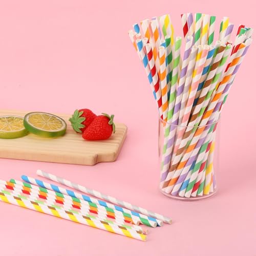 200 pitillos biodegradables de papel, 10 colores rayados miniatura 6