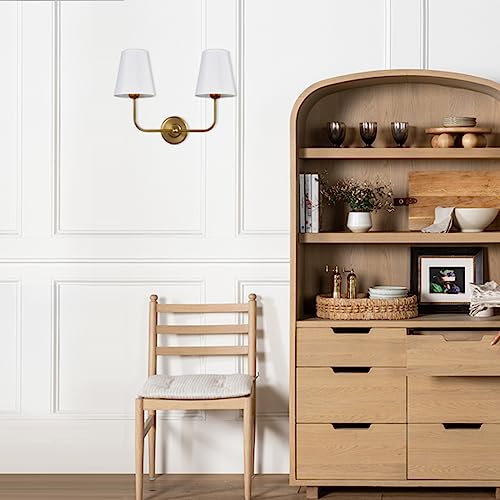 Passica Decor 2 Light Modern Armed Wall Sconce With 2Pcs Antique Brass Flared White Fabric Shade Double Gold Sconce For Bathroom Vanity Living Room Hallway Stairway Fireplace Farmhouse #TOP3