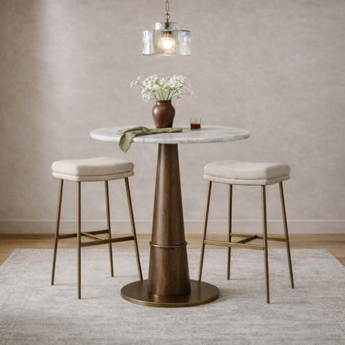 Maven Lane Berkley Butaco Sin Respaldo 31 Pulgadas – Butaco Silla con Reposapiés – Estructura Metal Envejecido Dorado y Tapicería Beige – Ideal para Bares, Pubs y Cocinas Altas miniatura 2