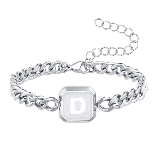 Image of Bellino Initial Bracelet Cuban Link Chain Mens Bracelets Jewelry Gifts | Initial Cuban Link Bracelet for Mens Bracelet Adjustable Size Stainless Steel Men Jewelry Birthday for him Dad Brother Son