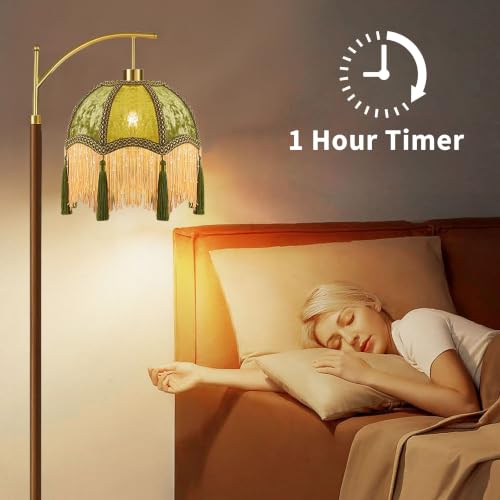 Image of AHDWDW Gold Vintage Floor Lamp for Living Room Bedroom,Arc Victorian Floor Lamps with Remote,Wood Standing Tall Lamp with Green Tassels Velvet Lampshade,Fringe Dimmable Modern Floor Lamp for Corner