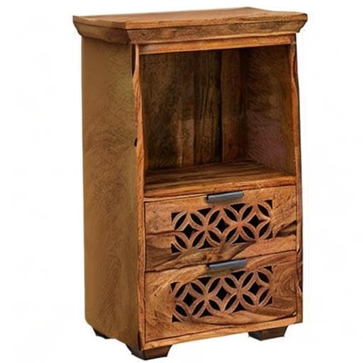 Image of Wooden Bed Side Table for Bedroom | Nightstand | End Table with 2 Drawer & Shelf | Natural Finish