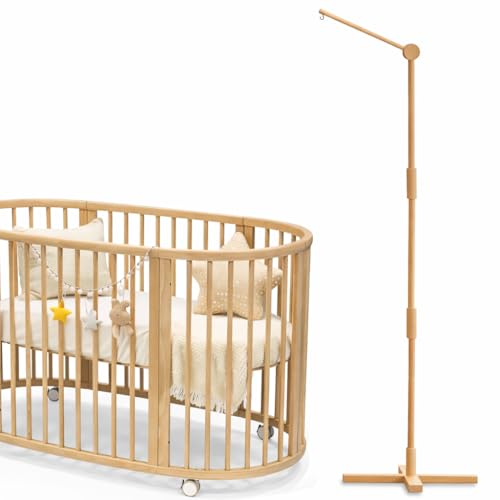 Image of Lanttoe Crib Mobile Arm Wooden Floor Standing - 61 Inches Mobile Arm for Crib|Movable Baby Mobile Hanger|Strong Anti-Dumping Attachment|Natural EU Beech Wood|Thicker Pole|Boho Nursery Decor