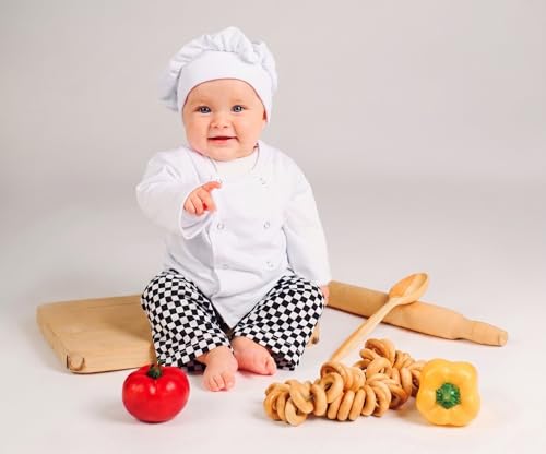 Image of Babymoon Set of 3 | Baby Chef Coat with Hat and Pant | Baker MasterChef Baby Photoshoot Props | Chef Theme | 0-3 Months