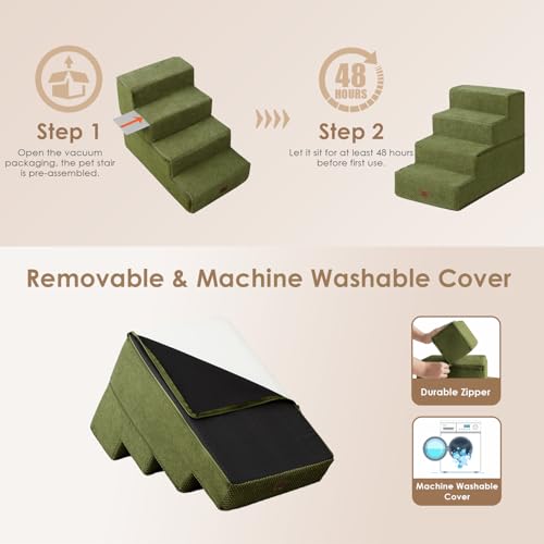 Image of EHEYCIGA Dog Stairs for Bed 18 inch H, 4-Step Dog Steps for High Bed, Pet Steps for Small Dogs and Cats, Non-Slip Balanced Pet Ramp Indoor, Olive Green