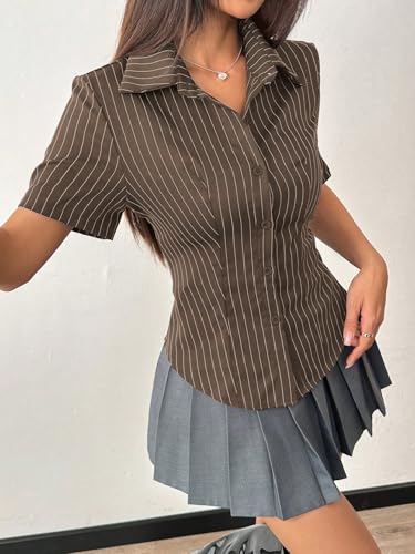 Image of Aahwan White Solid Button-Down Striped Print Casual Short Sleeve Shirt for Women's & Girl's