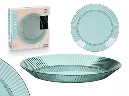 Makio M Platos de Plástico Reutilizables, 23 cm, Set de 6, Diseño Rayado, Transparentes, para Fiestas, Barbacoa, Jardín (Verde)