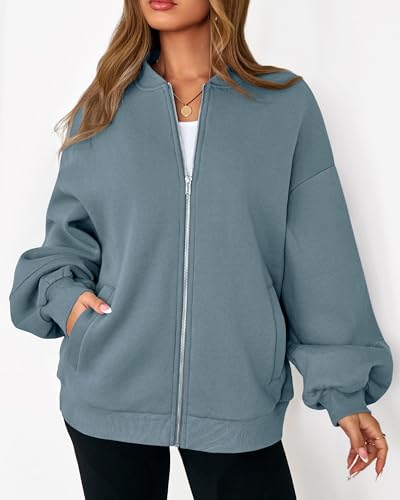 KIRUNDO Oversized Sweatshirt for Women Zip Up Bomber Jacket(Grey Blue, XXL) - image 4