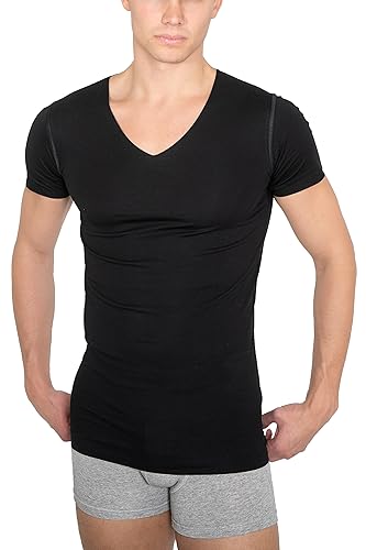 Men's Laser Cut Seamless v-Neck Undershirt Short Sleeves Stretch Cotton Black