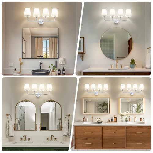 Image of Bathroom Vanity Light Brushed Nickel Bathroom Lighting Fixtures Over Mirror | 4-Light Bathroom Light Fixtures with Flared White Fabric Shade, E26 Socket (ETL Listed)