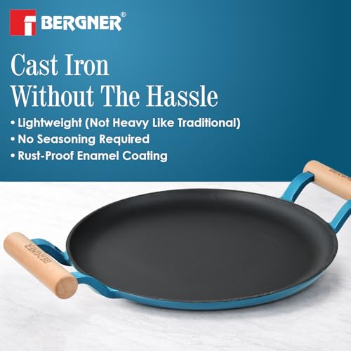 Image of BERGNER Excalibur Lightweight Cast Iron Dosa Tawa 28cm, Double Sided Sturdy Handle, Non-Stick Coating, PFAS Free, Perfect Heat Distribution, Elegant Design - Induction Compatible (Blue)